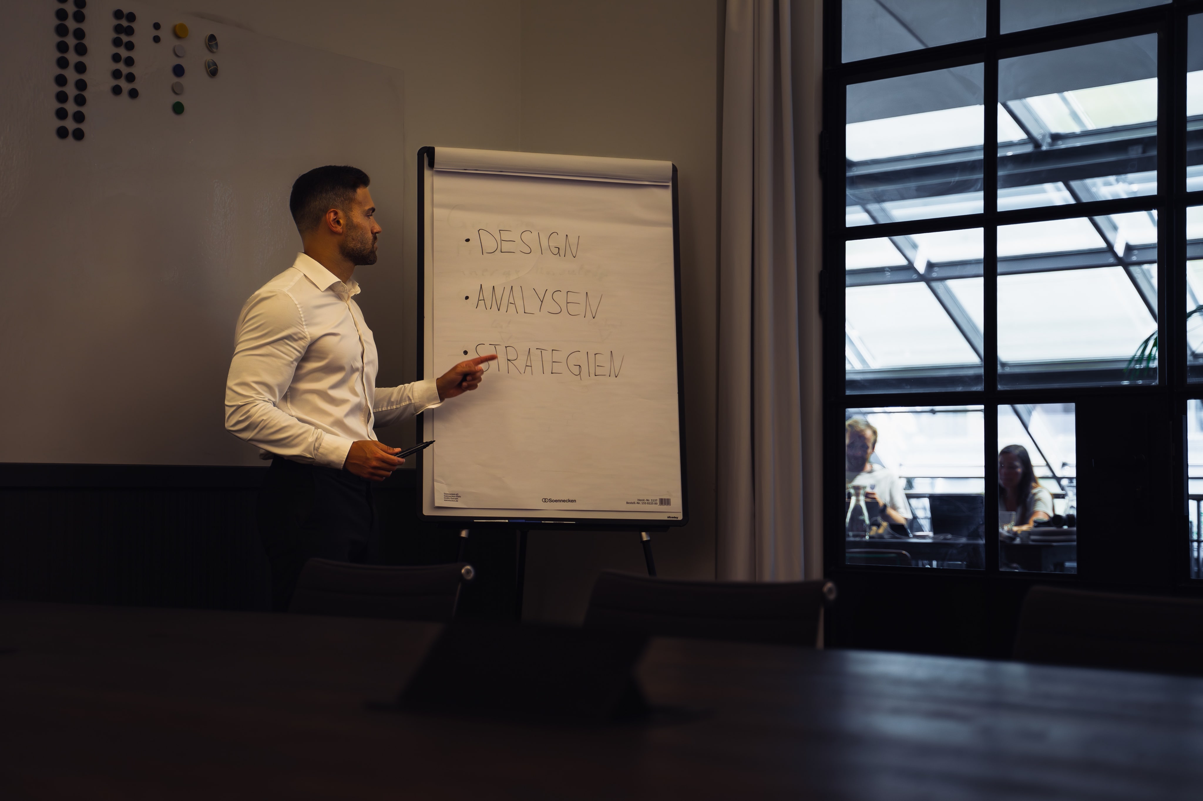 Demonstrating at a flipchart.